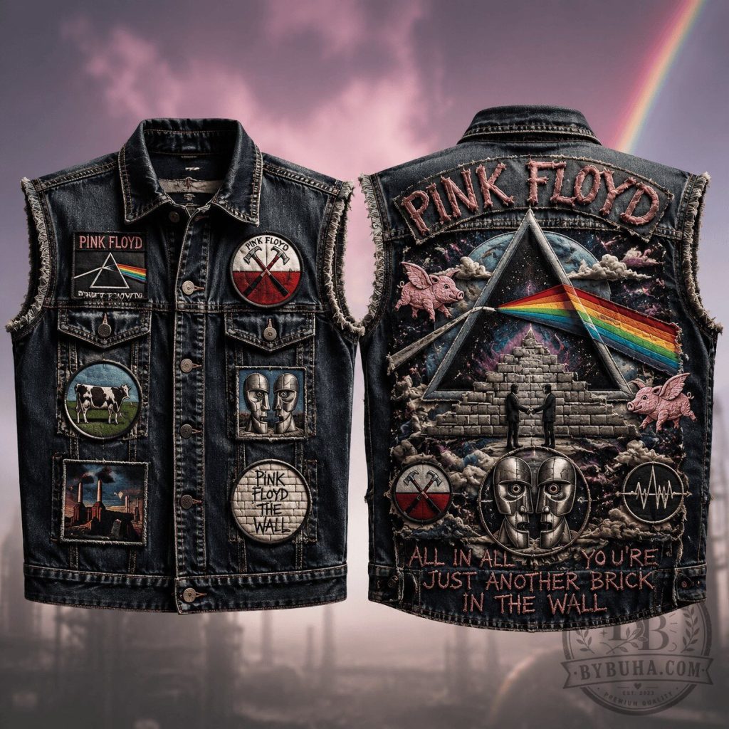 Pink Floyd Dark Side of the Moon Rock Band Denim Vest with Patches Pink Floyd Dark Side of the Moon Rock Band Denim Vest with Patches