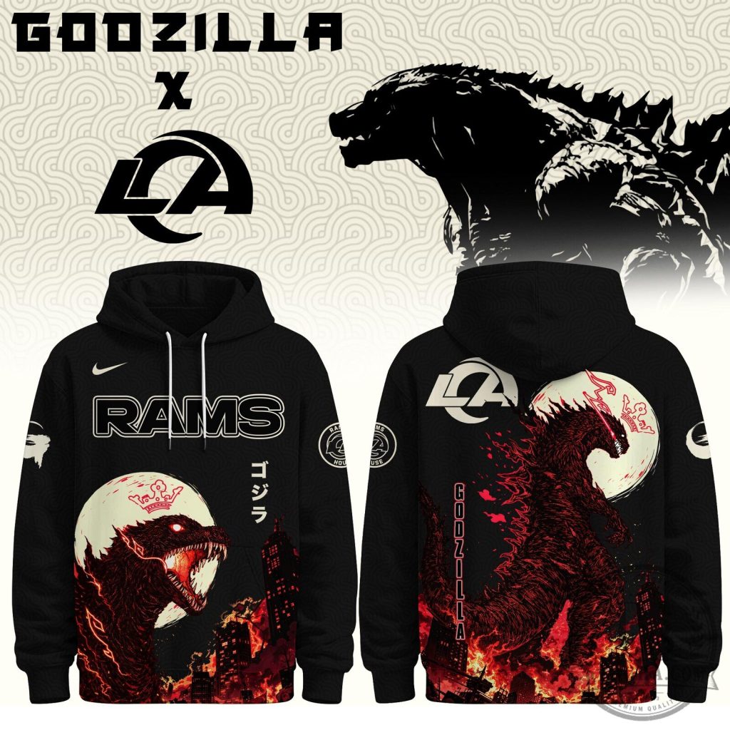 Godzilla Minus One Los Angeles Rams Football Team Black Hoodie Godzilla Minus One Los Angeles Rams Football Team Black Hoodie