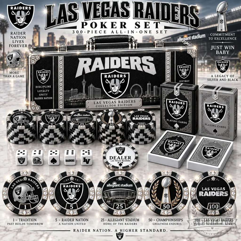 Las Vegas Raiders NFL Football Poker Set with Playing Cards and Chips Las Vegas Raiders NFL Football Poker Set with Playing Cards and Chips