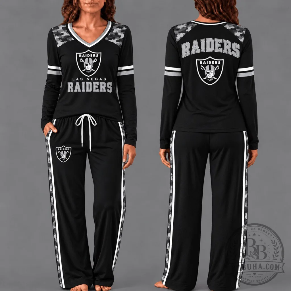 Las Vegas Raiders Women's Black and Gray Camouflage Long Sleeve Pajamas Set Las Vegas Raiders Women's Black and Gray Camouflage Long Sleeve Pajamas Set