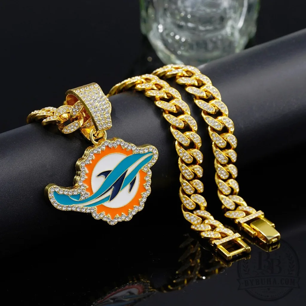 Miami Dolphins Football Team Logo Gold Plated Pendant Necklace Miami Dolphins Football Team Logo Gold Plated Pendant Necklace