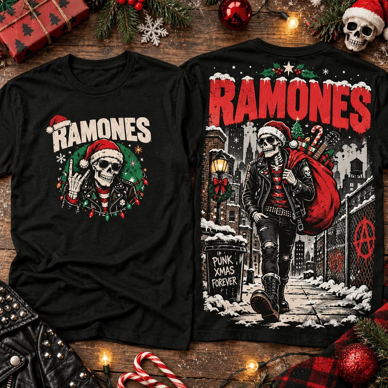 Ramones Christmas Punk Rock Skeleton Santa Claus T-Shirt 1 Ramones Christmas Punk Rock Skeleton Santa Claus T-Shirt