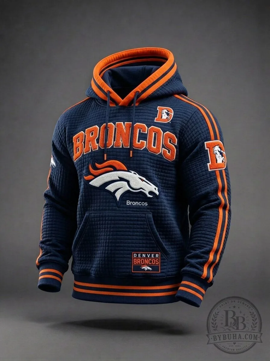 Denver Broncos Navy Blue and Orange Quilted Embroidered Hoodie with Horse Logo 1 Denver Broncos Navy Blue and Orange Quilted Embroidered Hoodie with Horse Logo