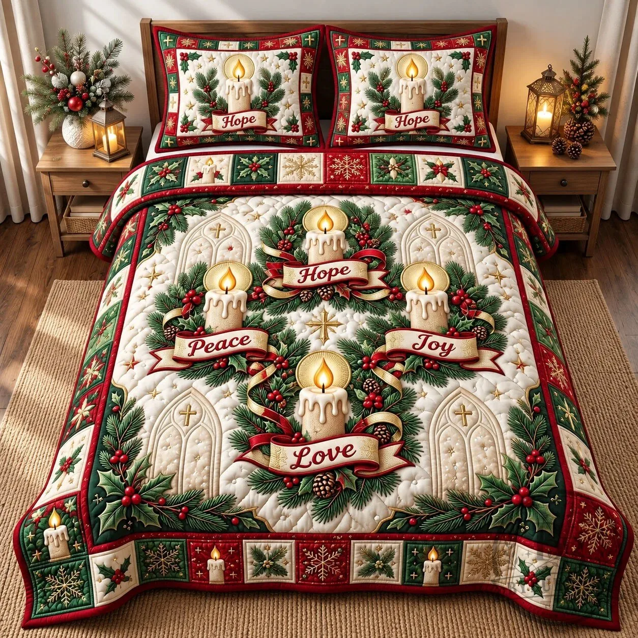 Christmas Christian Hope Peace Joy Love Candle Quilted Bedding Set