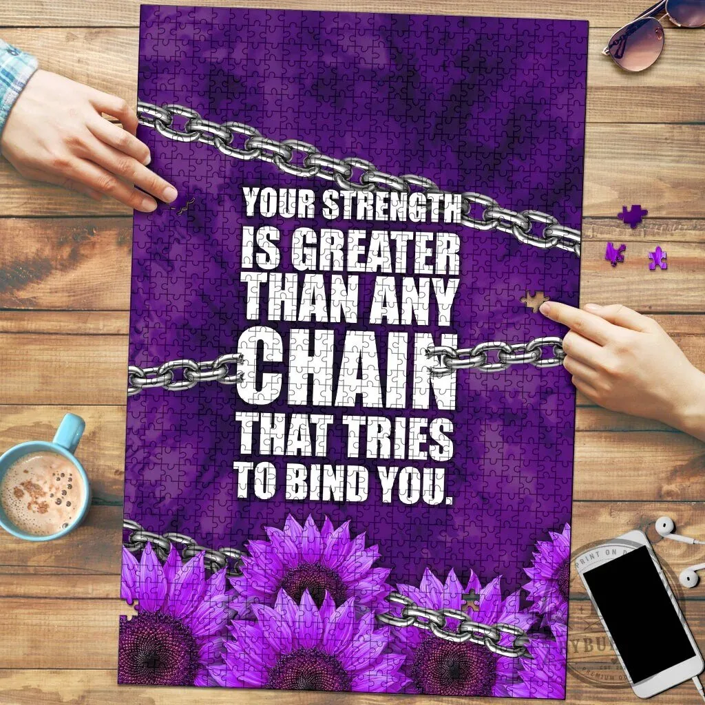 Domestic Violence Awareness Puzzle Purple Ribbon Sunflower Strength Quote