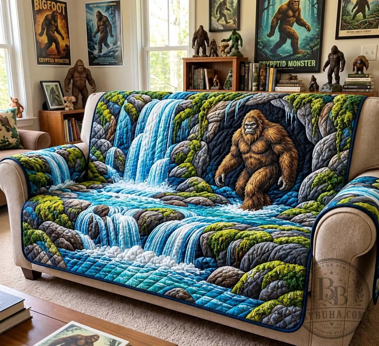 Bigfoot Waterfall Cave Quilted Sofa Cover, Cryptid Monster Furniture Protector 9 Bigfoot Waterfall Cave Quilted Sofa Cover, Cryptid Monster Furniture Protector
